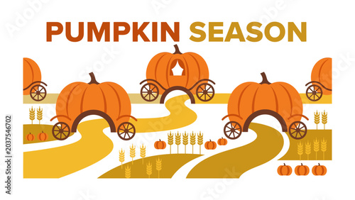 Εκτύπωση καμβά Pumpkin Season Road Trip: Embrace the vibrant spirit of autumn with a whimsical illustration of pumpkin-shaped carriages traversing scenic autumnal landscapes, heralding the arrival of pumpkin season