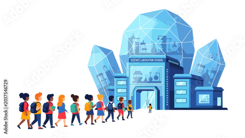 Konstfotografi Young Explorers Enter the Science School: A line of diverse children with backpacks approach a futuristic, crystalline science laboratory school building, eager for knowledge and discovery