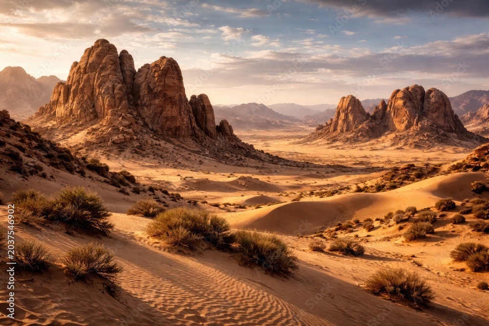 Obraz premium Scenic desert panorama featuring prominent rocky outcrops and natural sandy terrain near
