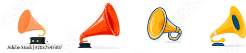 An orange, flared trumpet-shaped gramophone horn, crafted from brass gold cardboard, stands isolated on a white surface, exuding an antique charm in this crisp vector illustration