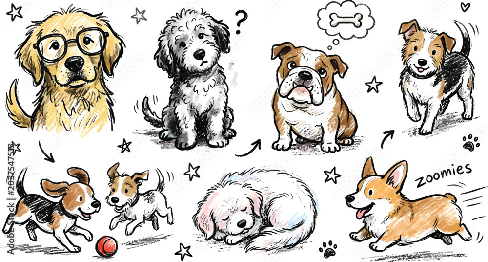 Obraz premium Playful Dogs in Various Poses and Emotions Illustration