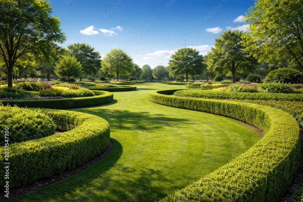 Obraz premium Well maintained park area with curved hedgerows and short grass under a vivid blue sky
