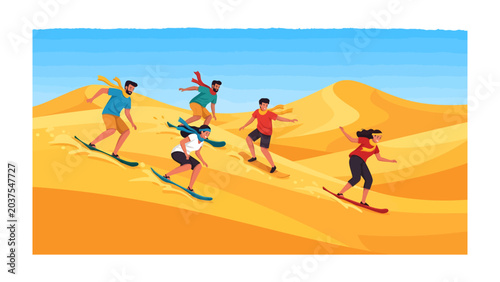Photography Dune Surfing Adventure: A group of friends enjoy a thrilling dune surfing adventure, gracefully riding down the sandy slopes of a desert on their boards under a clear blue sky