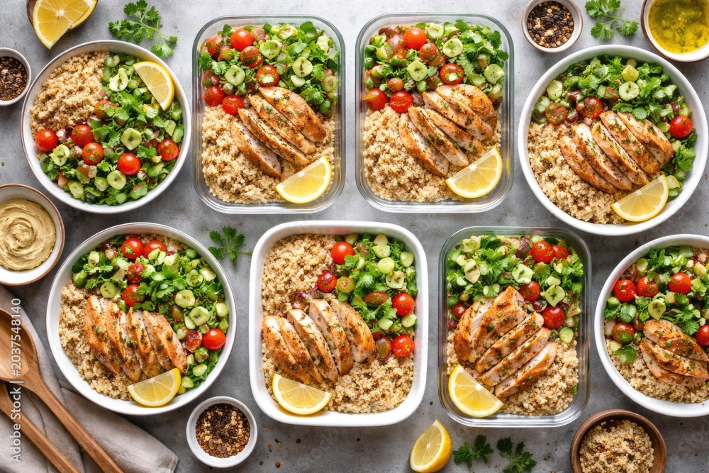 Fototapeta premium Birds eye perspective on healthy meal prep bowls including quinoa roasted chicken and vibrant green salad