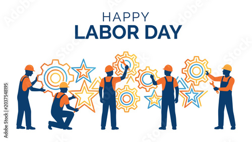 Photos Labor Day Celebration: Workers in hard hats and overalls assemble gears and stars, symbolizing the spirit of labor and unity on Labor Day