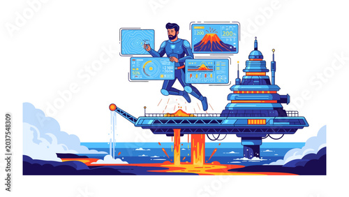 Tableau sur toile Futuristic Lava Platform: A man in a futuristic suit floats near a high-tech platform extracting lava from a volcano, with digital screens displaying data and analysis