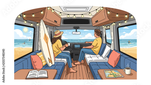 Photos Road Trip Adventure: A couple enjoys a leisurely road trip in their camper van, parked by a sunny beach, with a surfboard ready for ocean waves and a map spread out for their next destination