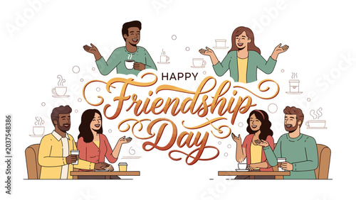 Canvas-taulu Celebrating Friendship: A heartwarming illustration depicting diverse friends sharing moments of joy and connection over coffee, embodying the spirit of Friendship Day