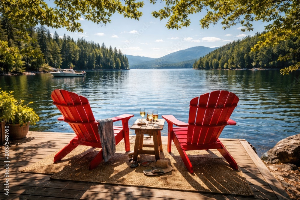 Fototapeta premium Sunny lakeside view featuring vivid red chairs and calm water