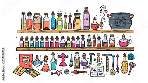 Obraz na płótnie Enchanting Apothecary: A whimsical collection of potion bottles, vials, and arcane tools fills shelves, hinting at magical brews and alchemical secrets