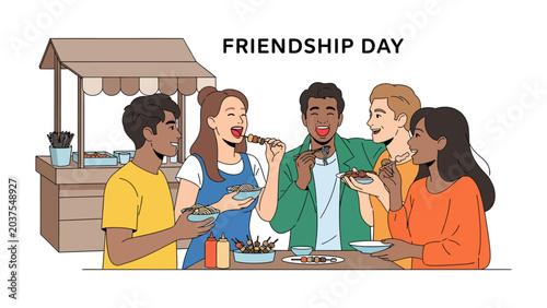 Fotografija Friendship Day Feast: A group of diverse friends enjoys a delightful street food experience, celebrating Friendship Day with laughter and shared bites from a food stall