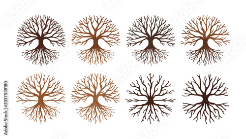 Canvas Print Tree of Life Icons: A collection of eight stylized circular tree icons with intricate branch and root systems, representing life, growth, and nature's cycles in various earthy tones