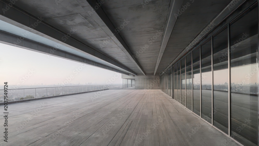 Obraz premium Modern, open-air concrete balcony overlooking a cityscape at dusk, showcasing linear design