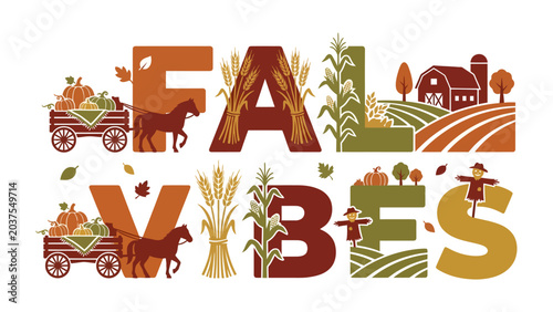 Bild auf Leinwand Fall Vibes Typography: A vibrant and charming typographic design capturing the essence of autumn with iconic harvest imagery, including pumpkins, corn, scarecrows, and rolling fields