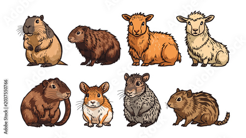 Foto Collection of Rodent Family: A charming group of various rodents and related animals including guinea pigs, hamsters, and sheep, illustrated in a delightful cartoon style