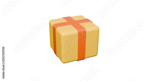 3D render of yellow gift box with smooth rounded corners and orange ribbon, isolated on transparent background, clean stylized design for packaging, celebration, and digital art visualization. png