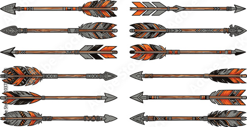 Foto A professional collection of detailed tribal archery arrows with decorative feat
