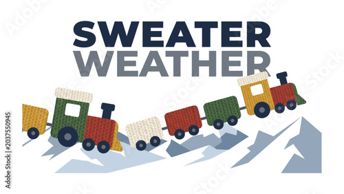 Tableau sur toile Sweater Weather Train Adventure: A charming, knitted-style toy train chugs its way through a snowy mountain landscape, proclaiming Sweater Weather in bold text, evoking a cozy, seasonal feeling