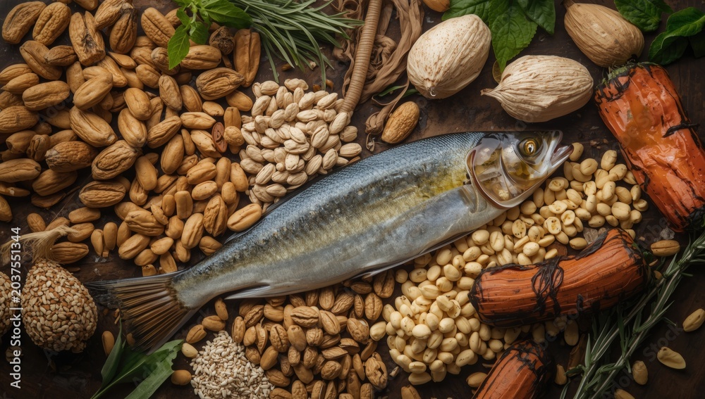 Obraz premium Brain power boosting superfoods including nuts seeds herbs and fish rich in essential vitamins