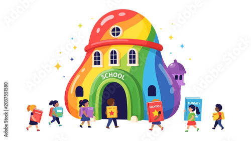 Canvastavla Rainbow School Adventure: A vibrant and whimsical schoolhouse, painted with the colors of a rainbow, welcomes diverse children carrying books and backpacks, eager for a day of learning and fun