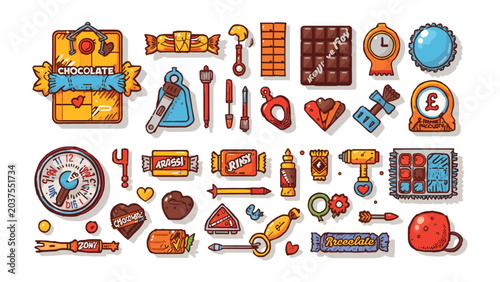 Schilderij op canvas Chocolates and Sweets Collection: An artistic arrangement of various chocolates, candies, and sweet treats, each rendered in a charming, stylized flat design