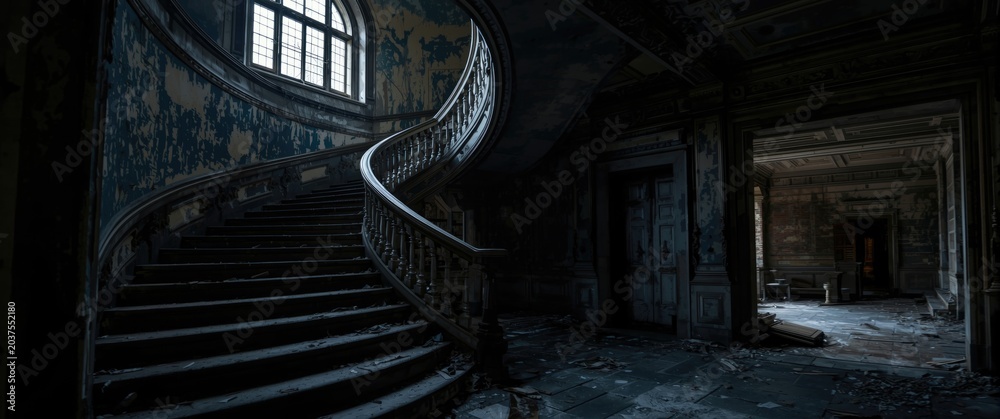 Naklejka premium A grand staircase with intricate architectural details in a rundown abandoned building