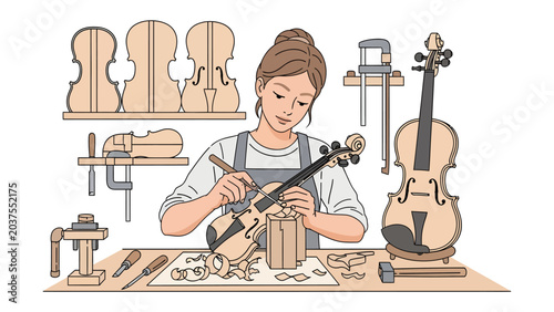 Fotografie Violin Maker's Craft: A skilled artisan meticulously carves and shapes a wooden violin, surrounded by tools and unfinished instruments, embodying the dedication to musical craftsmanship