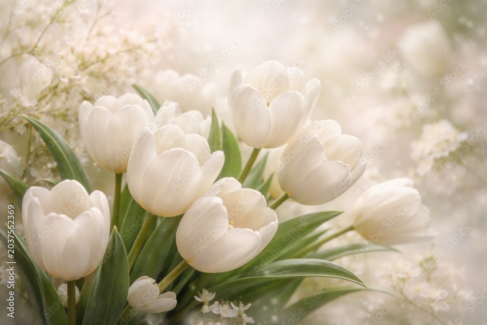 Obraz premium soft textured floral background highlighting white tulip blossoms for graceful spring designs