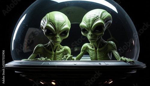 Alien Encounter: Two eerie, green-skinned extraterrestrials gaze intently from within their spacecraft, shrouded in mystery and the unknown.