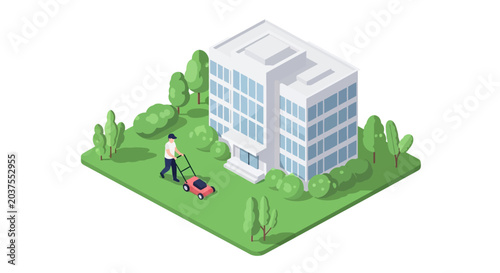 Man mowing lawn in front of modern office building, isometric view