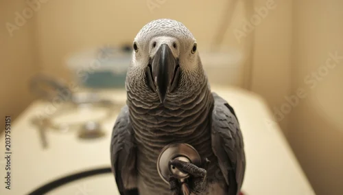 Fototapeta Cheerful African grey parrot undergoing routine veterinary stethoscope exam