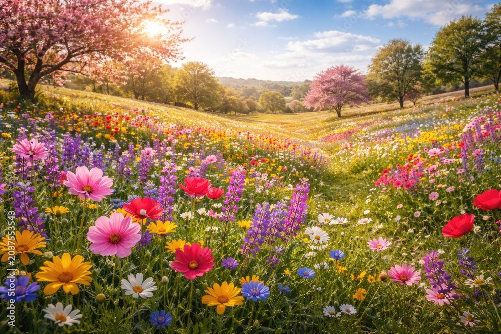 Obraz premium Spring flowers bursting with color in a sunny vibrant meadow landscape