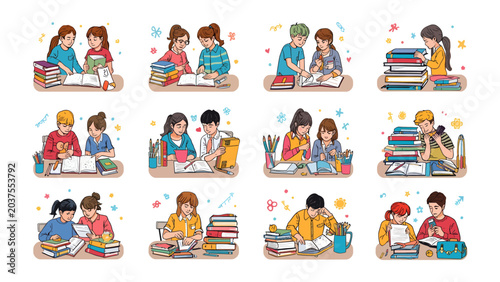 Canvastavla Students Studying Together: A vibrant collection of twelve illustrations depicts children and teenagers engrossed in their studies, sharing books and knowledge