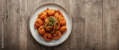 Obraz  z motywem Fried Shrimp with Sweet and Tangy Sauce Plate Presentation, Rustic Wooden Background