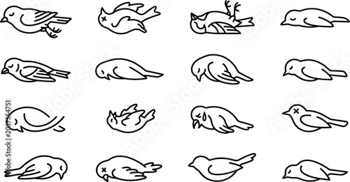 Cuadro en lienzo Dead and Sick Bird Line Icon Set with Deceased Injured and Dying Avian Wildlife