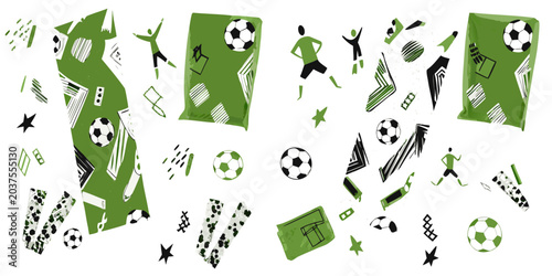 Soccer themed vector pattern with players balls and goals