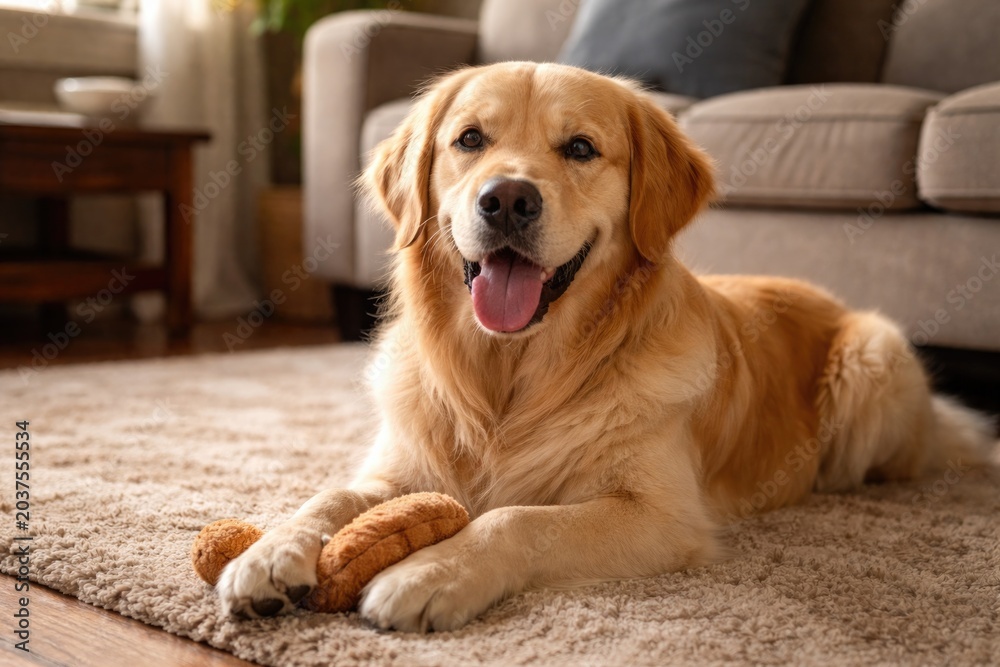 Φωτογραφία Playful golden retriever resting inside on a plush rug near an upholstered sofa