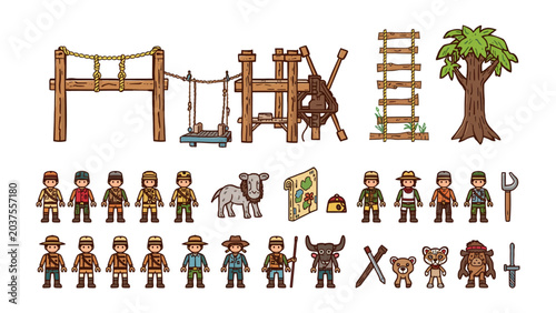 Foto Adventure Playground Elements and Characters: A collection of pixel art assets for a jungle adventure game, featuring a rope bridge, climbing structure, ladder, tree, and various explorer characters