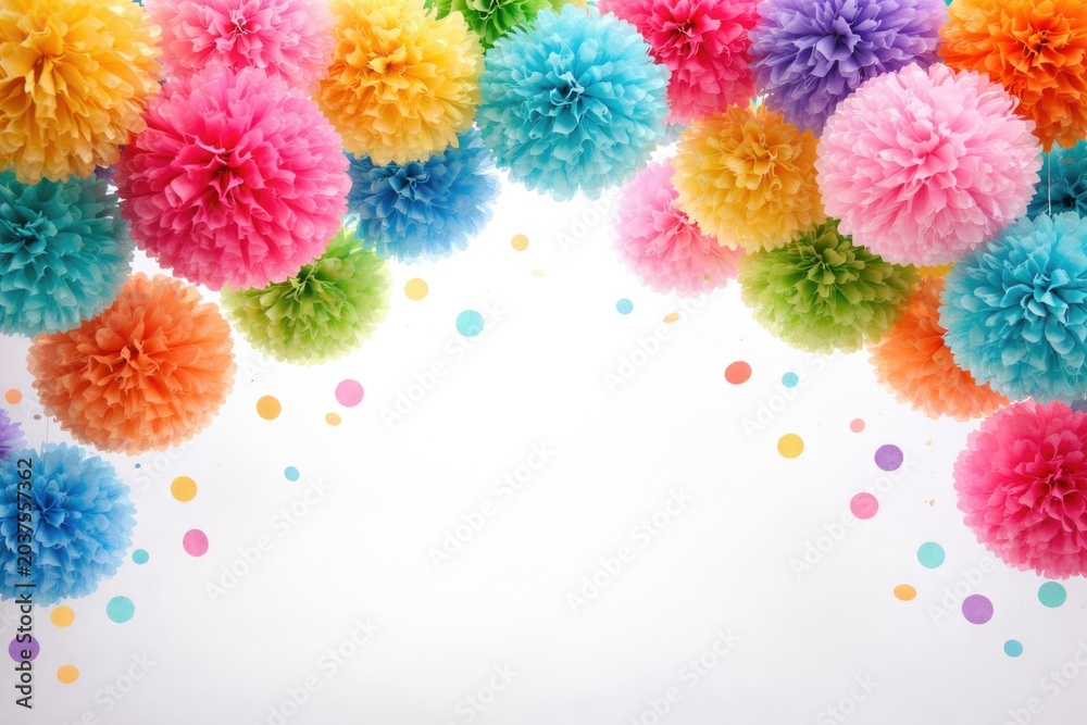 Fototapeta premium Multicolored paper pom poms decoration for event parties isolated on white with ample copy space