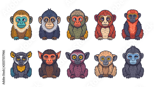 Canvas Print A Colorful Collection of Cartoon Monkeys: A vibrant array of ten unique, stylized monkeys, each with distinct facial features and fur patterns, are presented in a neat, two-row grid