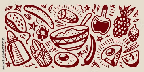 Foto Mexican Food Illustration Red Brown Line Art With Tacos And Produce