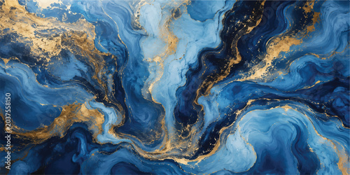 Blue and Gold Abstract Marble Fluid Art Background