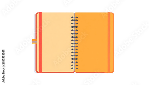 Open spiral notebook with blank orange pages and red cover, flat design illustration perfect for note taking, journaling, or planning