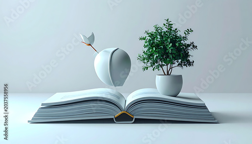 Open book with pixelated pages, small tree in pot, and bird flying, symbolizing knowledge growth and freedom, a digital surreal concept