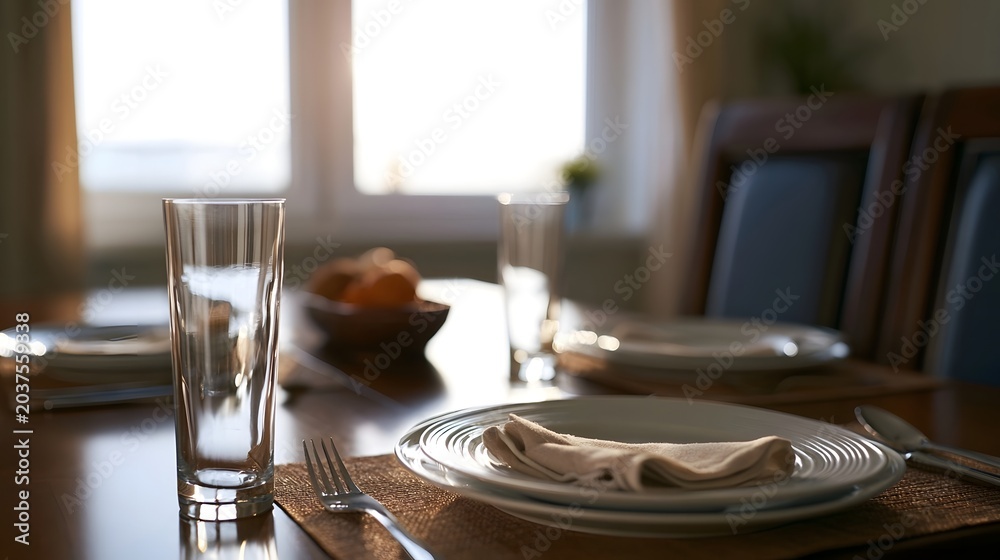 Fototapeta premium Minimalist dining table bathed in warm window light creates a serene and inviting lifestyle scene