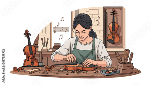 Fotografie Violin Maker at Work: A focused craftswoman meticulously assembles a violin in her workshop, surrounded by tools and musical notes, embodying dedication to her art