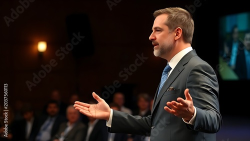 Business presenter gesturing during a speech with stage lighting and blurred audience.