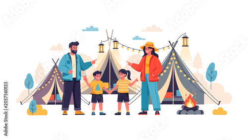Bild auf Leinwand Family Camping Adventure: A heartwarming illustration depicts a happy family enjoying a camping trip, with two tents, lanterns, and a campfire creating a cozy atmosphere in a natural setting