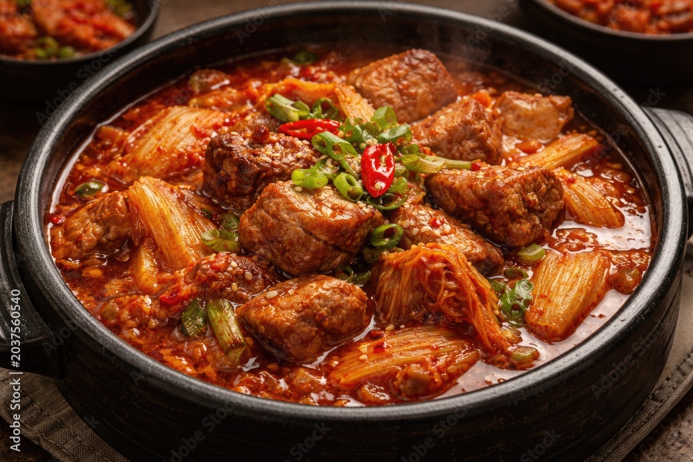 Fototapeta premium Savory Korean pork stew featuring fermented kimchi and tender meat