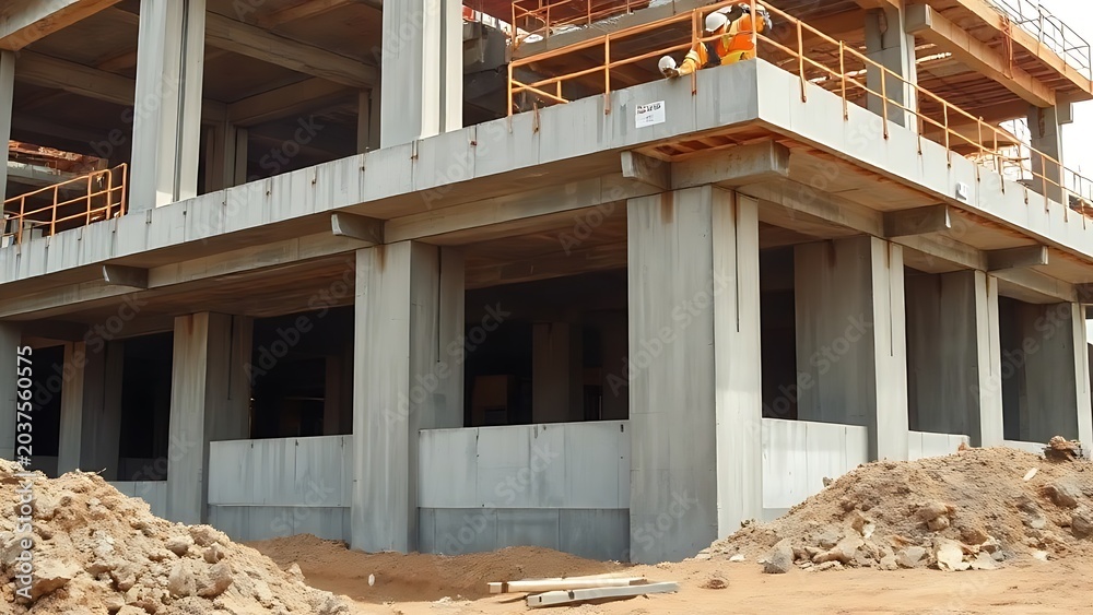 Naklejka premium A reinforced concrete foundation structure at a construction site.